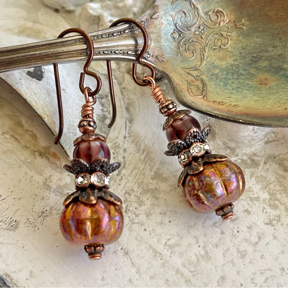 Hand Crafted “Midnight Pumpkin” Dangle Earrings - Picture 3 of 10